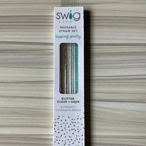 New, never used, Swig Life Glitter Clear + Aqua Reusable Straw Set